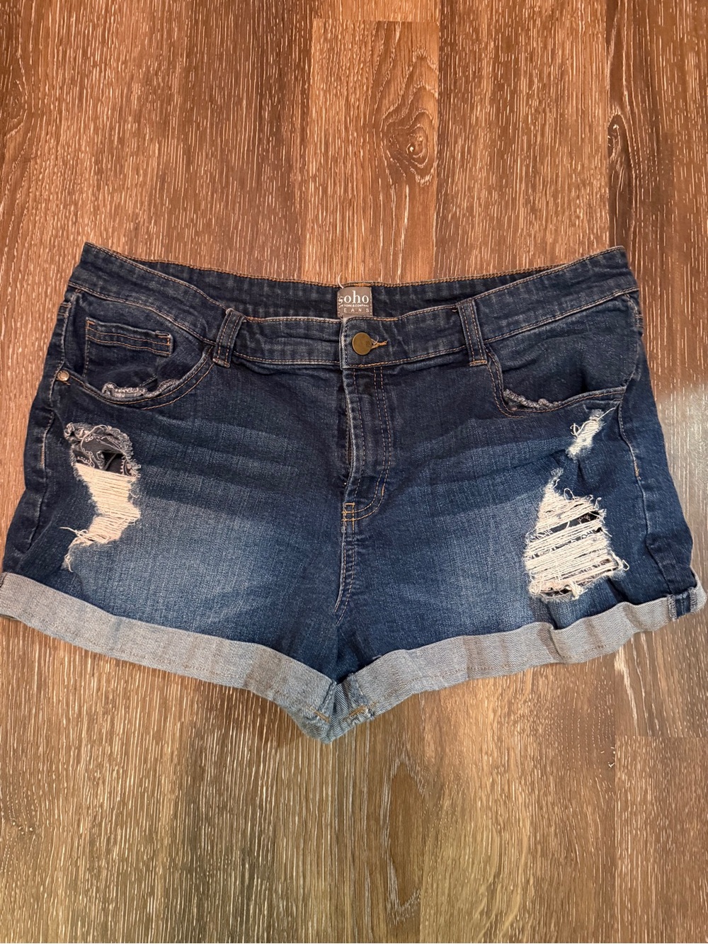 Soho Dark Blue Distressed Rolled-Hem Denim Shorts